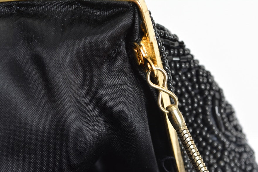 La Regale Black Beaded Clutch Purse, Evening Handbag, Gold Sequin Clasp